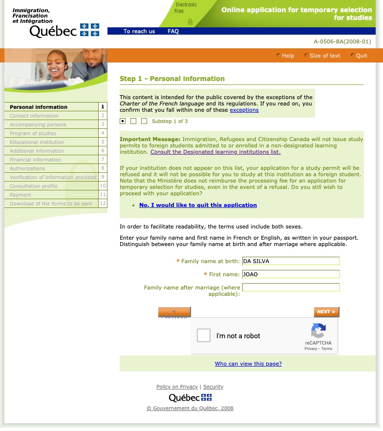 Passo 1 CAQ site oficial do governo de Quebec